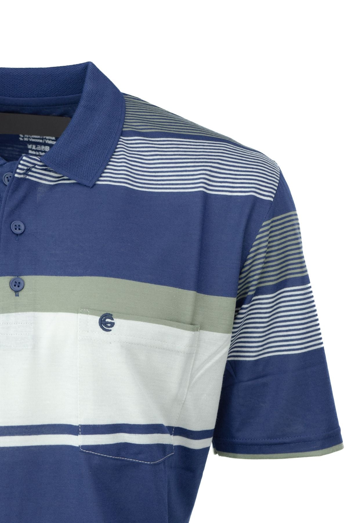 Erkek Pamuklu Ringelli Kumaş T-Shirt Polo Yaka Cepli Kısa Kol Şık Çizgi Desenli Tam Kalıp